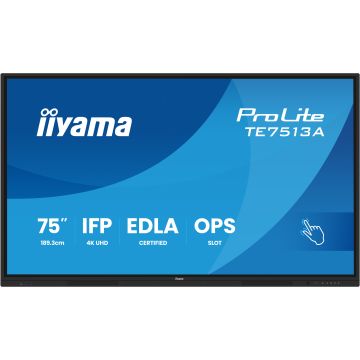 IIYAMA LFD 75 dalle IPS anti-reflet 40 pts 3840x2160 500cd/m² 8ms Tactile interactif HPs DisplayPort 2xHDMI 2xUSB-C 6xUSB OPS Slot paysage support mural EDLA "