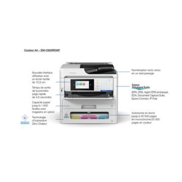 EPSON WorkForce Pro RIPS EM-C800RDWF MFP jet d'encre A4 rechargeable 25ppm/25ppm, R-V,chargeur 50p,Fax,Wifi,Wifi-direct,Ethernet,USB, bac 250f,LCD 10,9cm
