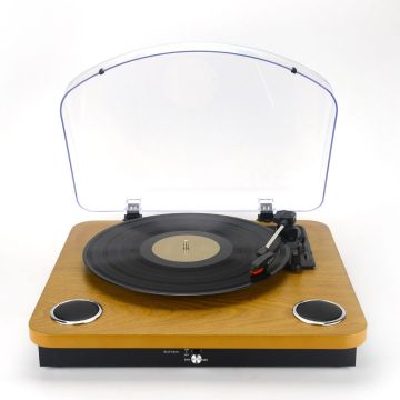 Platine vinyle Halterrego CHELSEA avec HP intégrés/Couvercle, RMS 2*2W,RCA OUT, Lec et Eng USB, BT IN/OUT, adaptateur inclus , finition laquée noire/asp bois
