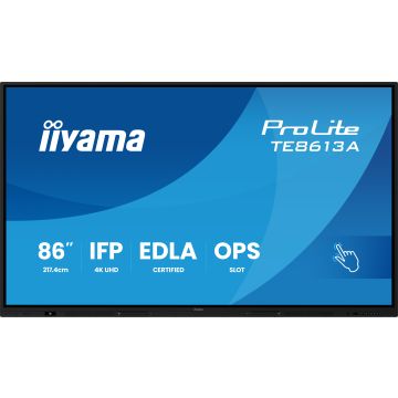 IIYAMA LFD 86 dalle IPS anti-reflet 40 pts 3840x2160 500cd/m² 8ms Tactile interactif 2xHPs DisplayPort 2xHDMI 2xUSB-C 6xUSB OPS Slot paysage sup mural EDLA "