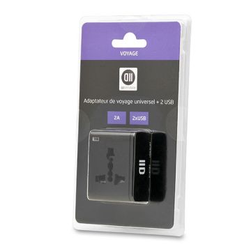 Adaptateur multi pays 2USB 2A noir