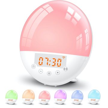 Réveil lumineux connecté WE 2W radio FM, lampe de chevet, simul de lever/coucher de soleil compatib google home/Alexa via APP