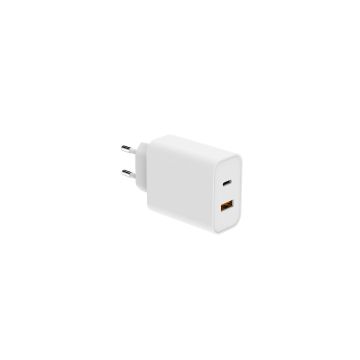 Chargeur secteur WE 1 Port USB + 1 Port USB-C, Total 65W, Power Delivery, coloris blanc.