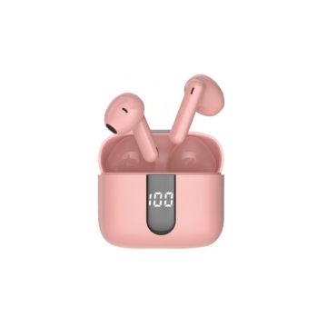 Ecouteurs sans-fil avec indicateur de charge AURA, Bluetooth, batterie intégrée 40mAh, Boitier de recharge 400mAh, ANC, rose