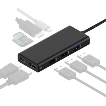 Station d'accueil Mobile USB‑C 9‑en‑1, affichage jusqu'&agrave; 3 &eacute;crans 4K via 1 DisplayPort + 2 HDMI. USB‑C PD 100W, 2xUSB‑A 2.0, USB-A 3.0, un lecteur SD et microSD