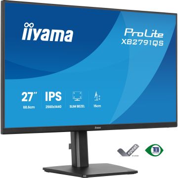 Ecran IIYAMA 27'' Noir dalle IPS Ultra mince 16:9 2560x1440 1ms 75Hz 350cd/m² 1000:1 HDMI DP HPs 2x2W VESA 100x100 15cm pied reglable hauteur Pivot TCO