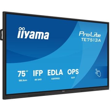 IIYAMA LFD 75 dalle IPS anti-reflet 40 pts 3840x2160 450cd/m² 8ms Tactile interactif 2xHPs DisplayPort 2xHDMI 2xUSB-C 5xUSB-HUB OPS Slot paysage certifié EDLA 