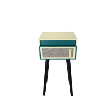 Platine vinyle Halterrego avec 4 pieds en bois amovibles et HP intégrés, RMS 2*5W, RCA out, Aux in et prise casque,BT IN/OUT, lec et enrg USB, bleu canard